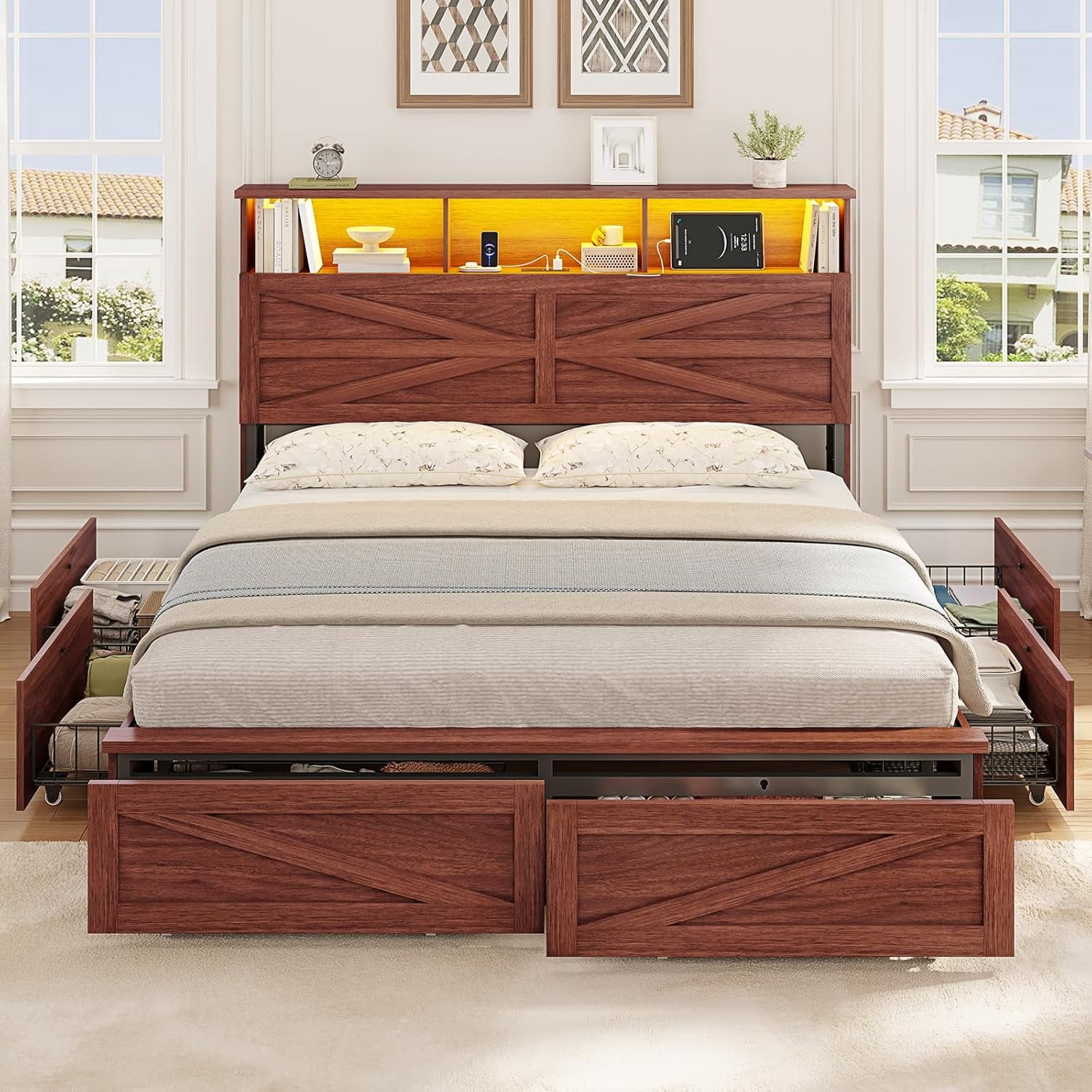 Full Size Bed Frame with 6 Drawers, Farmhouse Bed Frame with Barn Door Headboard and Storage, Wood Platform Bed Frame Full Size with Charging Station and LED Lights, No Box Spring Needed, Brown