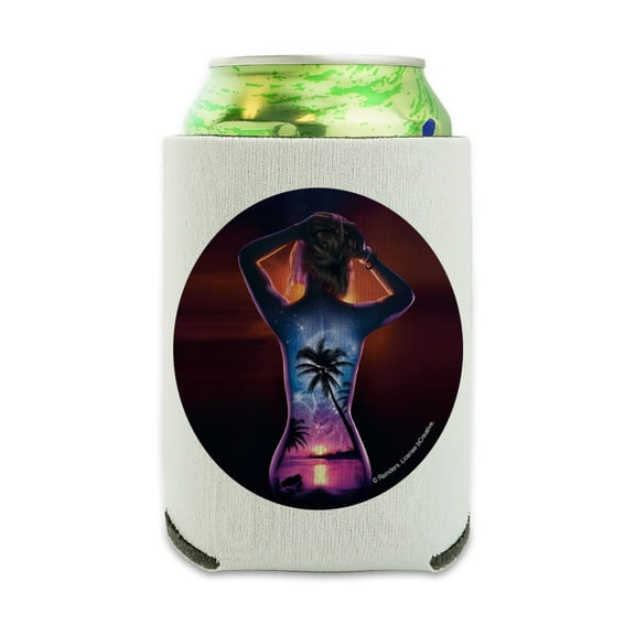 Tropical Sunset Paradise on Woman's Back Can Cooler - Drink Sleeve Hugger Collapsible Insulator - Beverage Insulated Holder