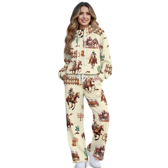 Psesaysky Two Piece Outfits for Women Cowboy Print Lounge Sets Drawstring Sweatshirt Sweatpants Sweatsuits Set Track Suits with Pockets, Size M