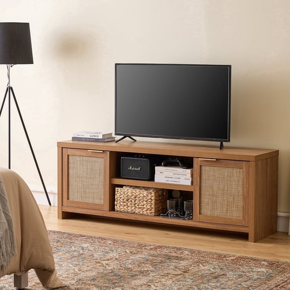 ARKANTOS Rattan TV Stand for TVs up to 65", Boho Entertainment Center with Storage Cabinets, Wood Media Console for Living Room, Natural Oak