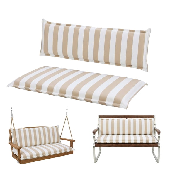 Aoodor Outdoor 3 Seater Bench Cushion Set with Backrest for Patio Swing and Bench, 59 x 18 Inch Flanged Patio Swing Cushion for Deck, Porch, Backyard, Garden, Beige Stripe
