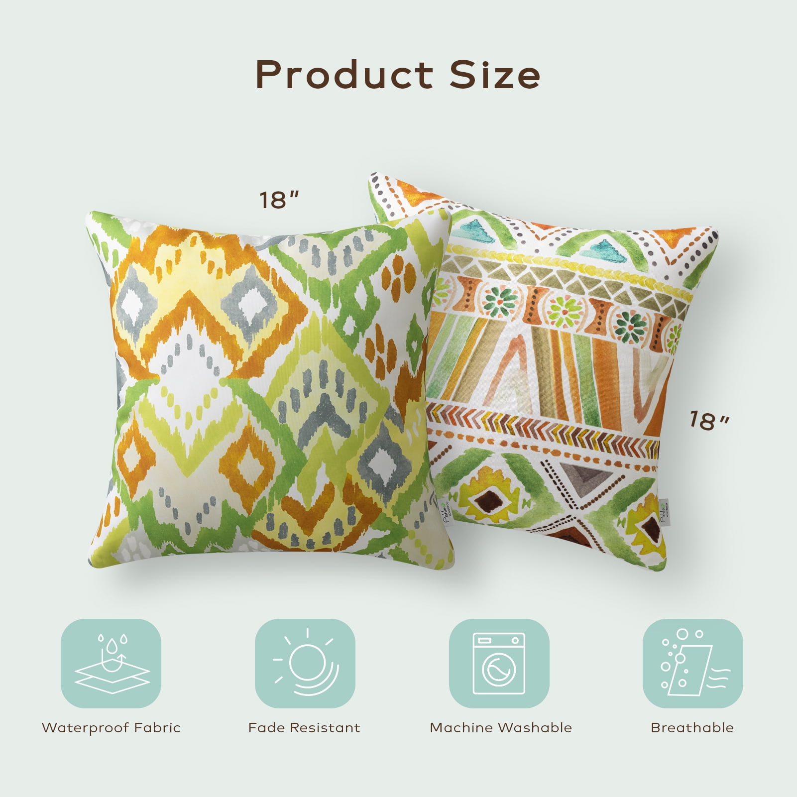 Phantoscope Boho Outdoor Decorative Throw Pillows with Inserts, Waterproof, Orange and Green, 18 x 18 in, 2 Pack