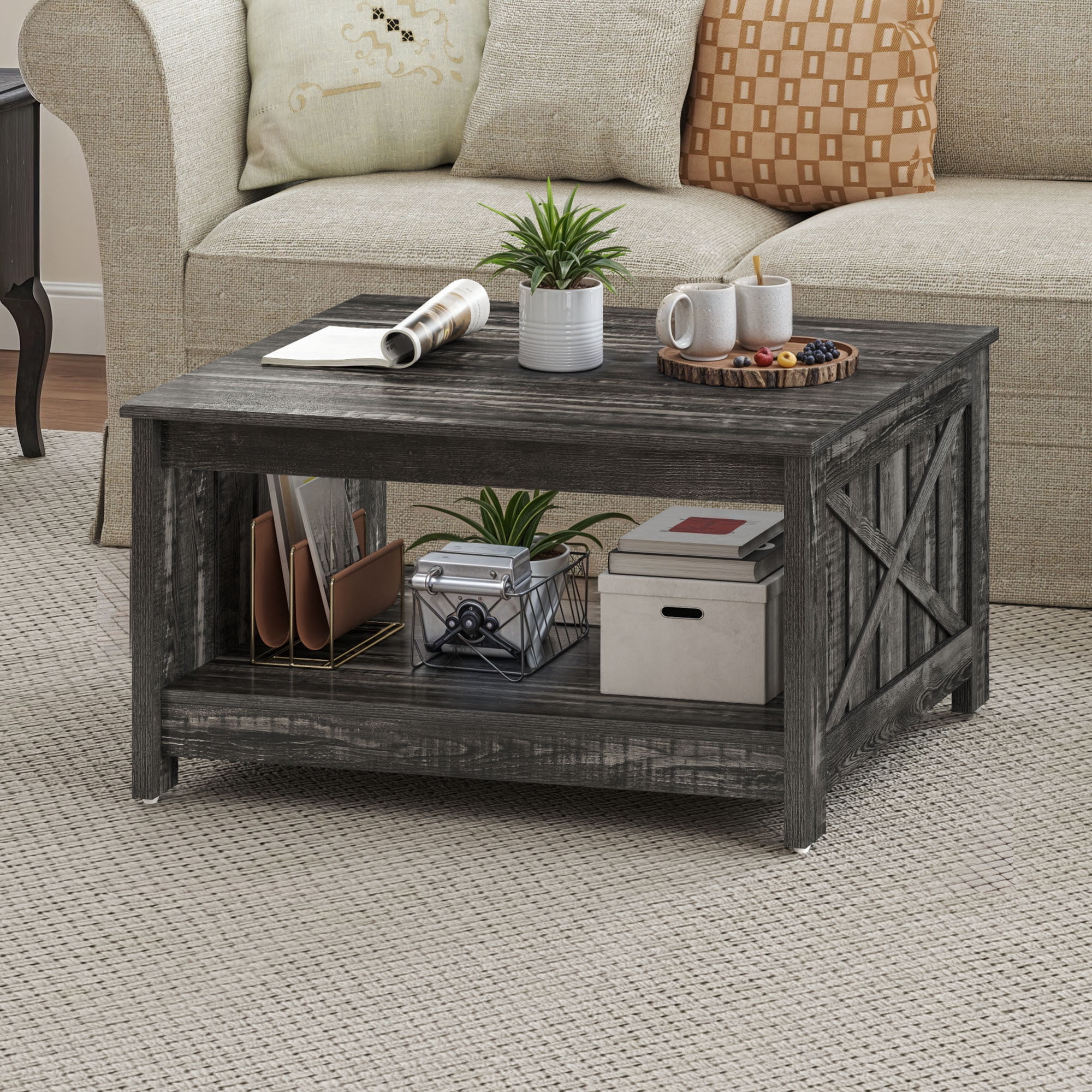 Uforic 80x80x45cm Farmhouse Wood Square Coffee Table, 2-Tier Storage Coffee Table for Living Room (Dark Rustic Oak)