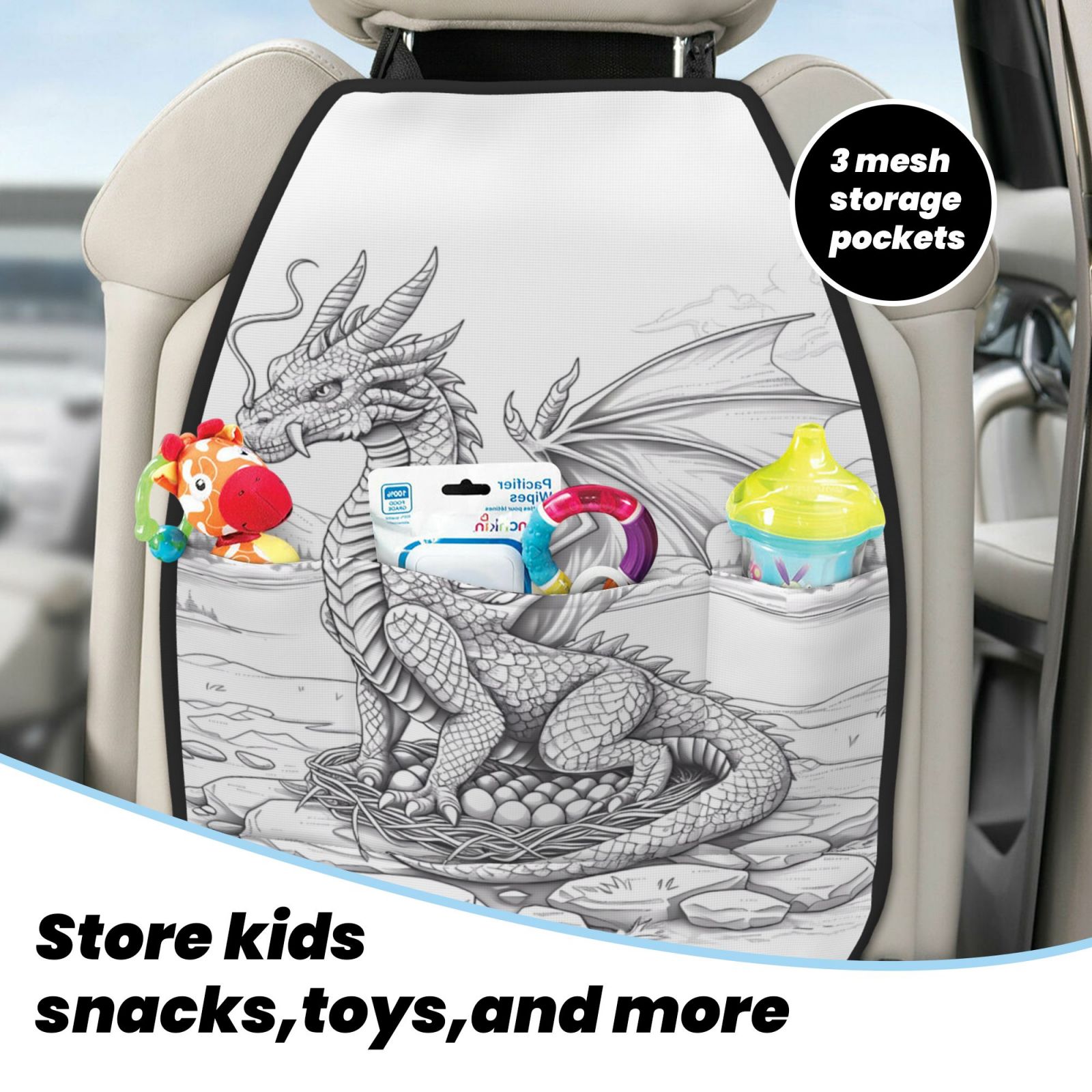 Kdxio Dragon Nest Sketch Print 2 Pack Car Kick Mat Seat Cover Back Protector Mat with Pockets for Organizer Backseat Protector and Storage Anti Kick Pad for Vehicles