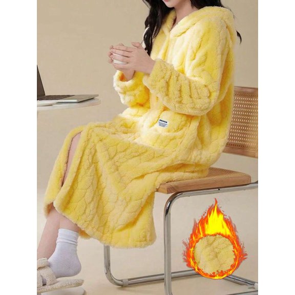 Womens Mustard Yellow Plush Hooded Bathrobe, Warm Thermal Lined Long