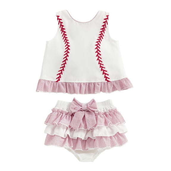 Nwiuh Newborn Baby Girl Baseball Outfit Cute Baseball Embroidery Tank Tops Ruffle Shorts Skirts Set 2Pcs Sports Clothes (White, 12-18 Months)
