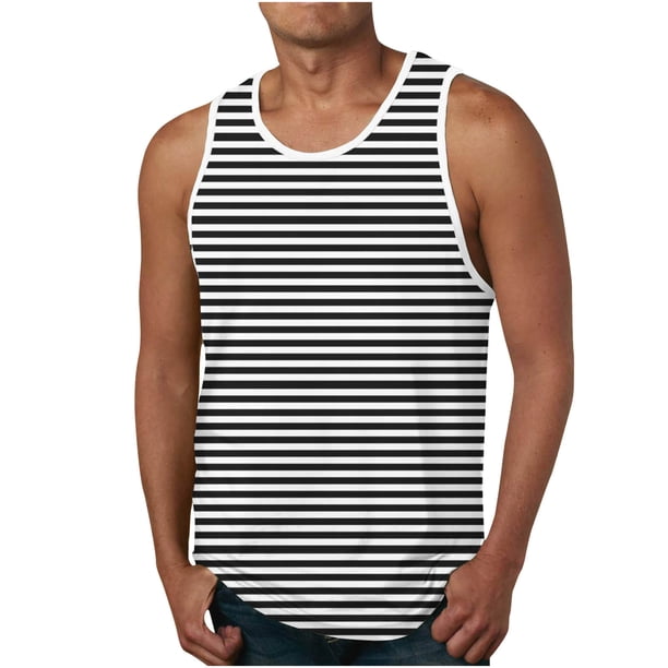 Tanques para Hombre para el Verano Solto Chaleco Raya Impresión Deporte Cuello Redondo Superior