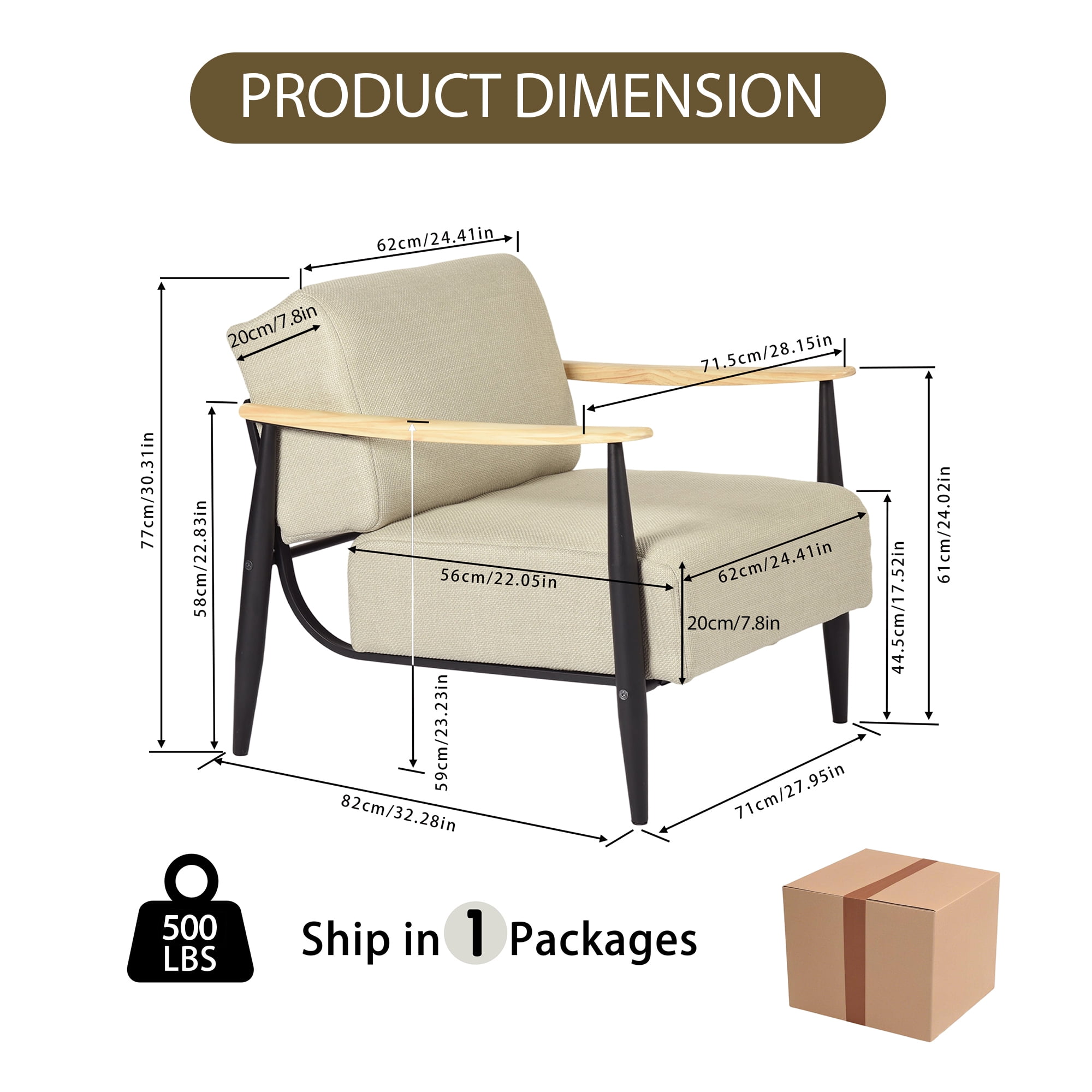 Homy Casa Accent Chair with Solid Wood Armrests, Independent Spring Seat and Backrest, 500 lbs Capacity