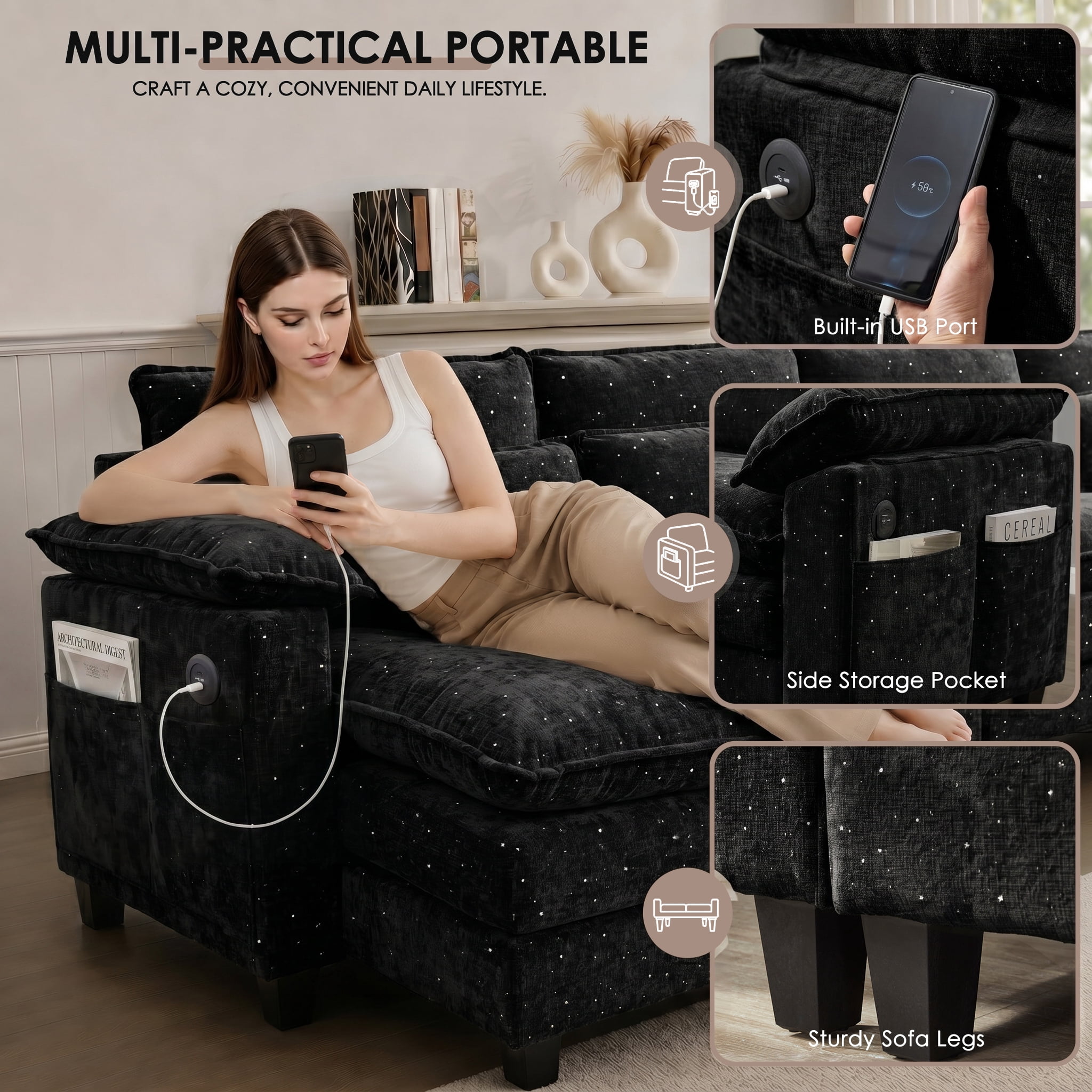 AISWORD U Shaped Cloud Couch Sectional, Oversized Modular Sofa with USB Charging, Hidden Storage, Cup Holders & Double Chaise for Living Room, Black