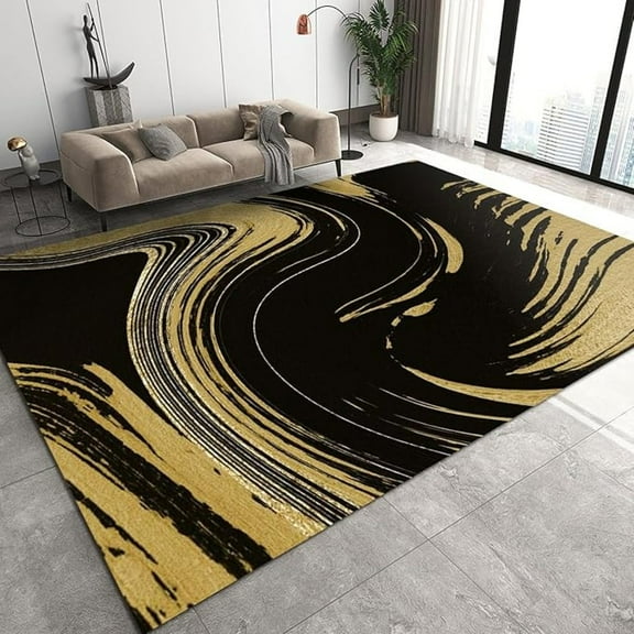 Black Gold Swirl Marble Area Rug For Hallway, Retro Abstract Light Luxury Outdoor Carpet, Soft Rugs Non-Slip Washable Lightweight For Living Room Bedroom Dining Room Decor 5x7ft
