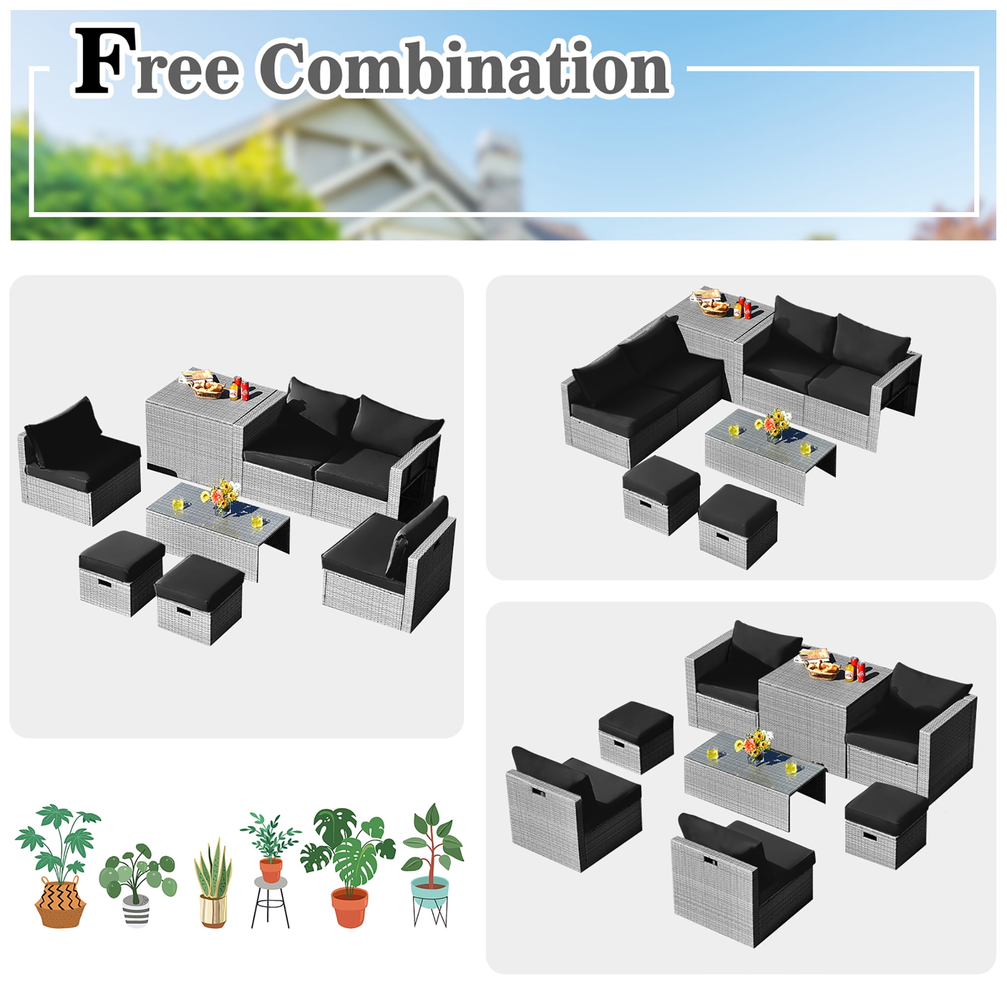 Costway 8PCS Patio Rattan Furniture Set Storage Waterproof Cover Black Cushion