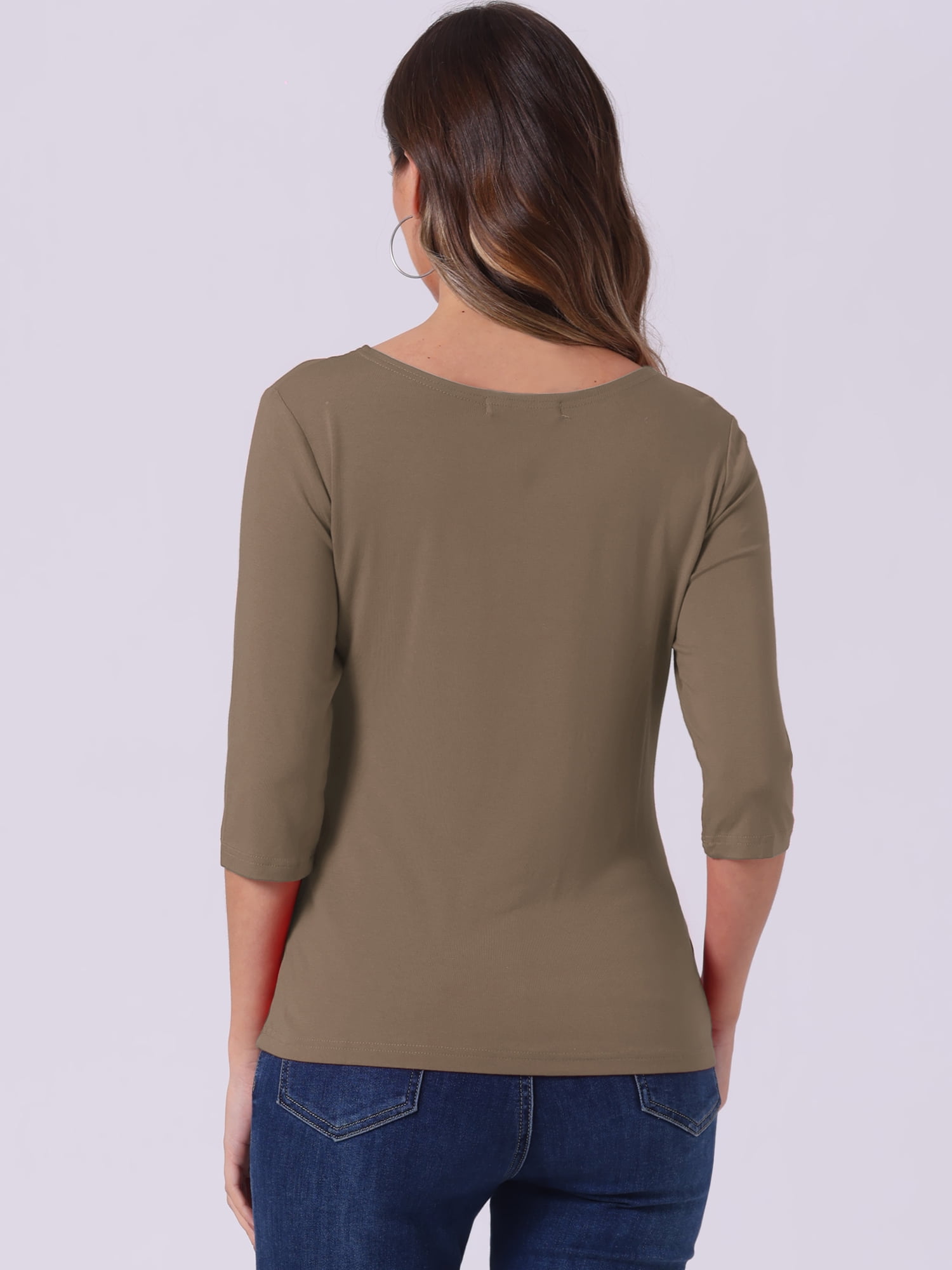 DARING DIVA Women's Elbow Sleeves Boat Neck Slim Fit Classic Tee XS Camel