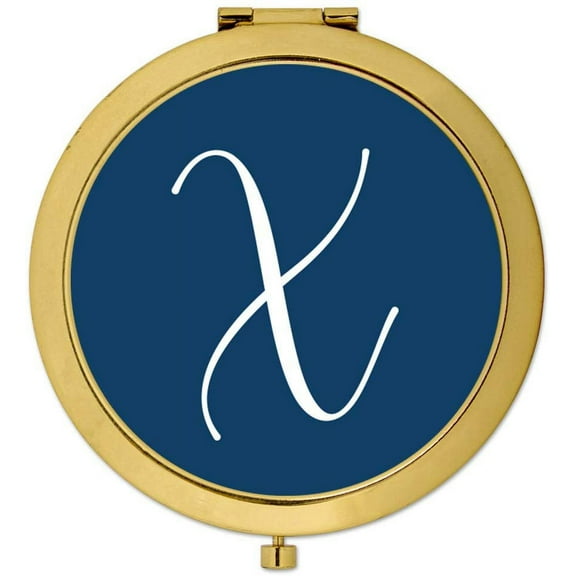 Koyal Wholesale Gold Compact Mirror Bridesmaid's Wedding Gift, Navy Blue, Monogram Letter X, 1-Pack