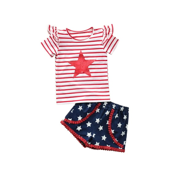Qmyliery Baby Independence Day Short Sleeve + Shorts, Five-pointed Star, Stripe Printing Fur Ball Decoration