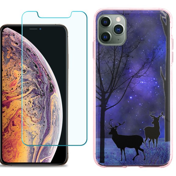 For Apple iPhone 11 Pro Max Case , Slim-Fit TPU Protective Phone Case (Pink Bezel) with Tempered Glass Screen Protector, by OneToughShield ® - Midnight Forest