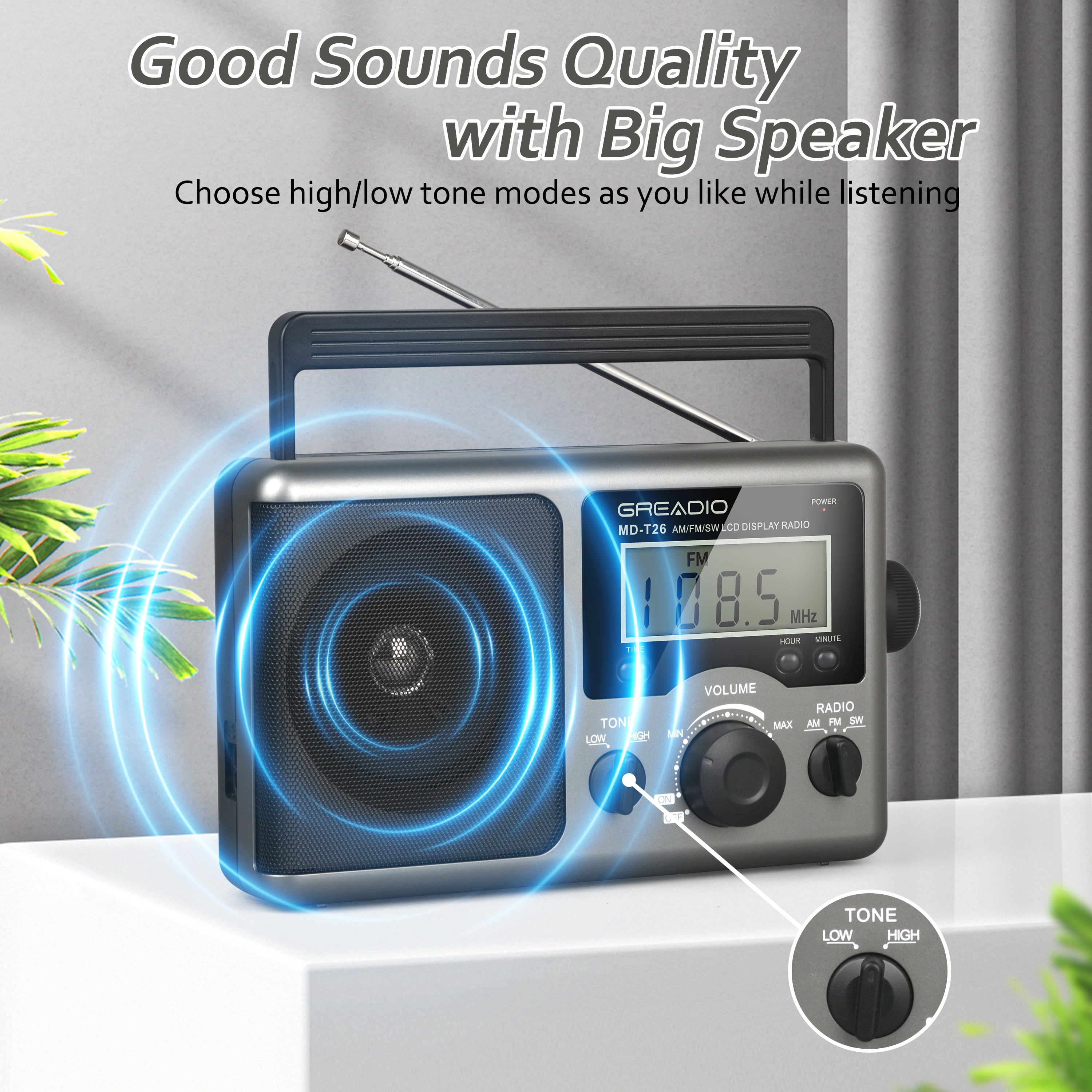 Greadio Portable Shortwave Radio with Best Reception,AM FM Radio for Home,LCD Display,Time Setting for Gift, Elder, Outdoor, Party