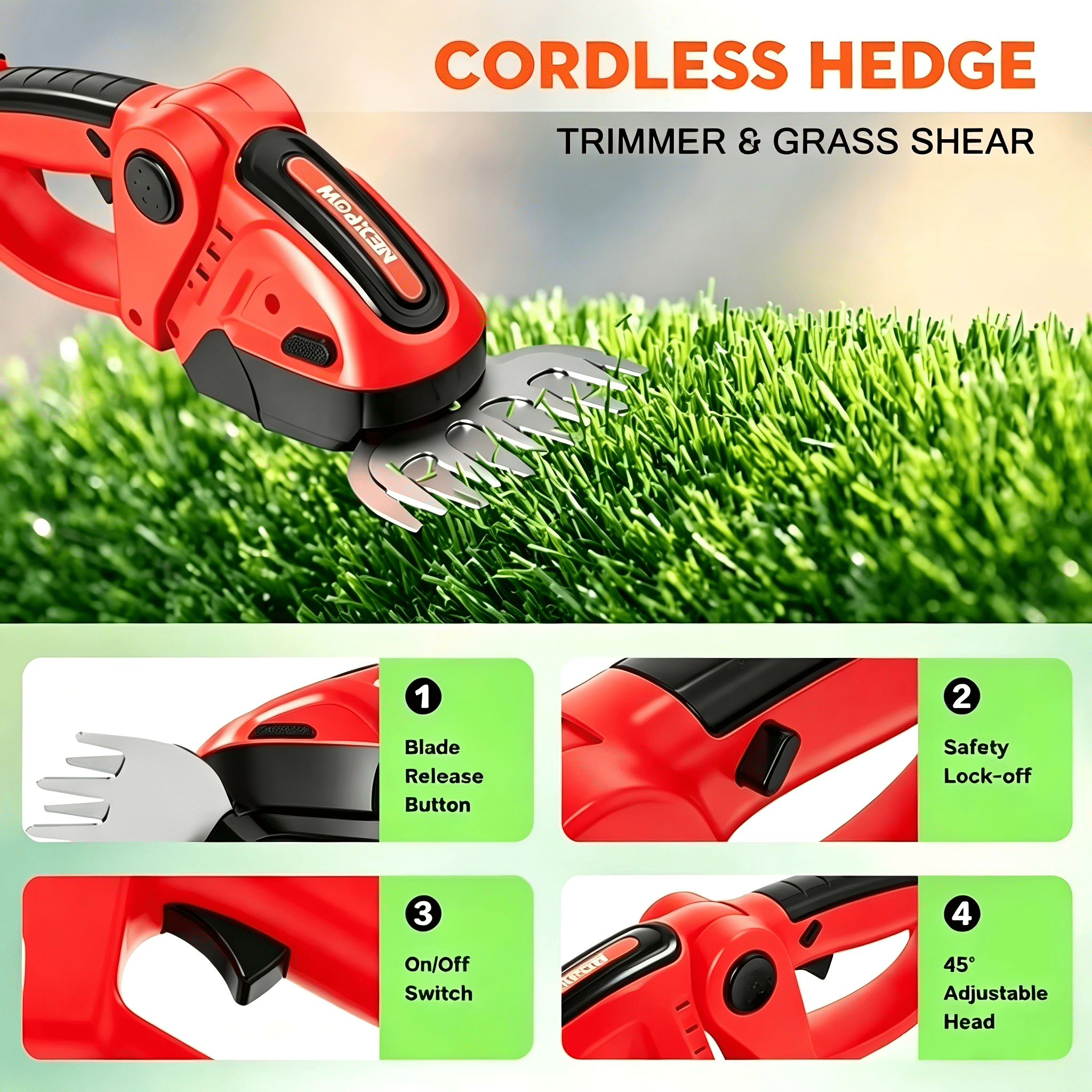SUSUZI Cordless 2-in-1 Hedge Trimmer & Grass Shears – 24V 1500mAh Dual Batteries, SK5 Alloy Steel Blades, 3-Angle Adjustable Head for Garden Lawn Shrub Maintenance