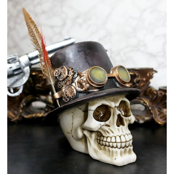 Ebros Steampunk Aristocrat W/ Royal Feather & Aviator Goggles Skull Figurine