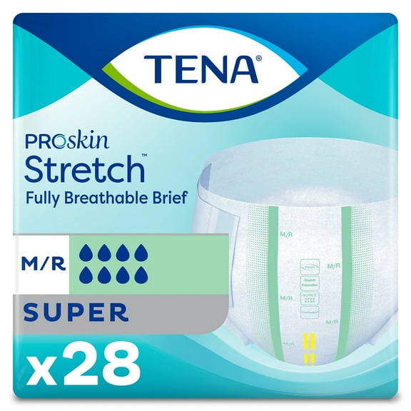TENA ProSkin Stretch, Unisex Adult Incontinence Brief, Super Absorbency, Medium, 28 Count, 2 Packs, 56 Total