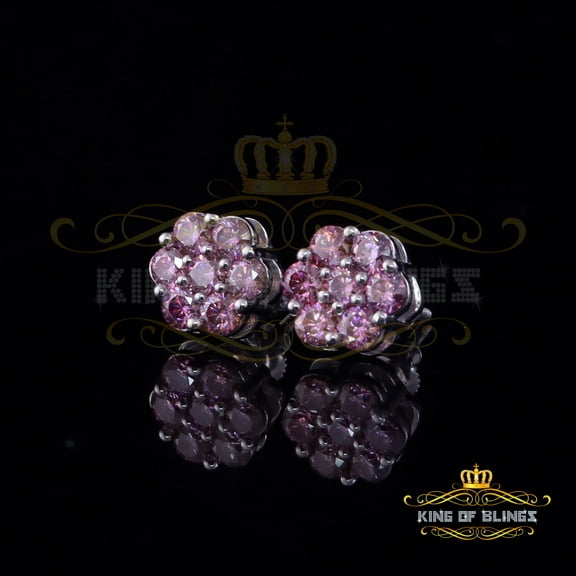 King of Bling's 925 Silver White 1.66ct VVS D Pink Moissanite Floral Men's/Women's Stud Earrings