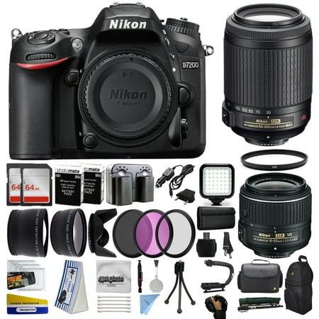 Nikon D7200 DSLR Digital Camera with 18-55mm VR II + 55-200mm VR Lens + 128GB Memory + 2 Batteries + Charger + LED Video Light + Backpack + Case + Filters + Auxiliary Lenses + $50 Gift Card + More!