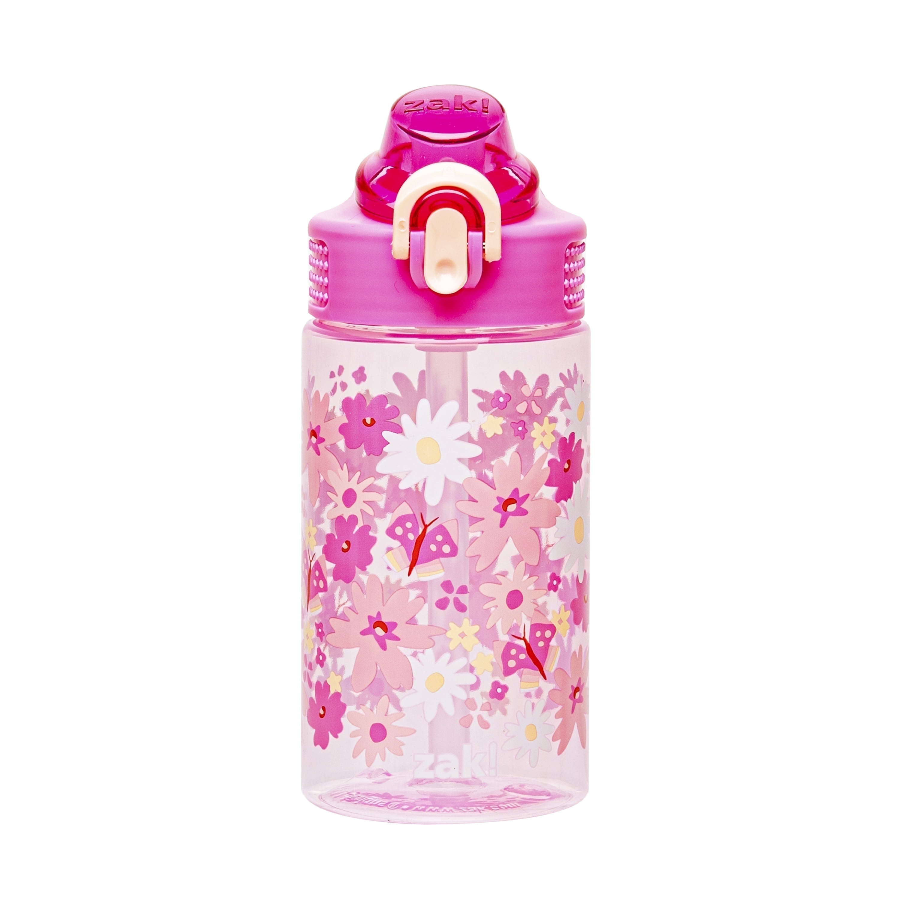 Zak Designs 16oz Water Bottle For School or Travel, Durable Plastic Water Bottle With Straw, Handle, and Leak-Proof, Pop-Up Spout Cover (Flower Power)