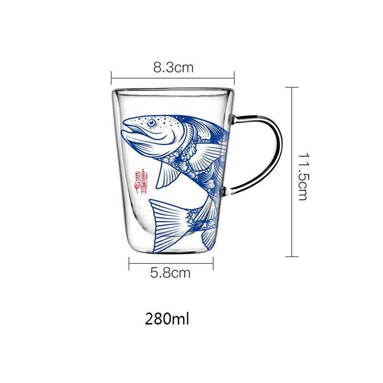 Double Wall Glass Coffee Mugs Ancient Chinese Totem Printing, Clear Espresso Cups with Handle, 280ML
