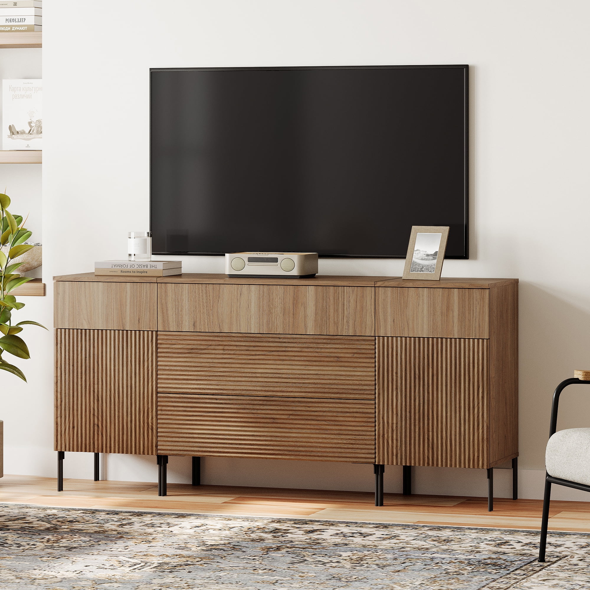 63" Modern Reeded Dresser TV Stand with Drawers, Entertainment Center with Charging Station, Wooden TV Console with Storage for Living Room