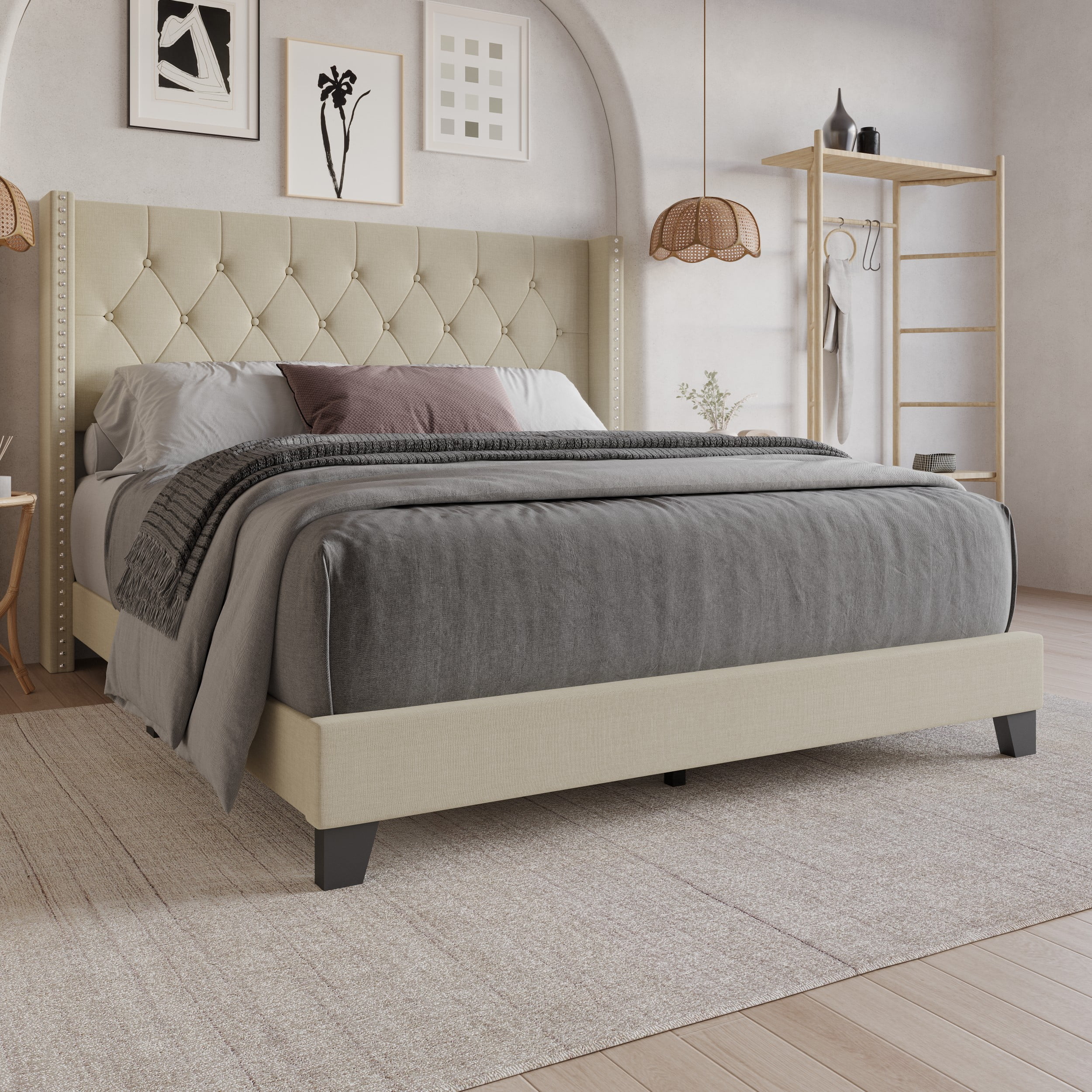 Home Design Homer King Button-Tufted Wingback Upholstered Panel Bed Frame with Nailhead Trim design for Adult, Beige, Easy Assembly