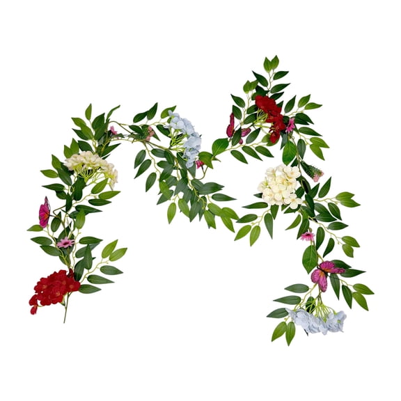 Twfbrm Artificial Hydrangea Flowers Garland with 3D Butterfly, 5.9 Ft Realistic Floral Vines Greenery Garland, UV-Resistant Faux Hanging Flowers Plants, Spring Decor for Mantle Wedding Porch Party