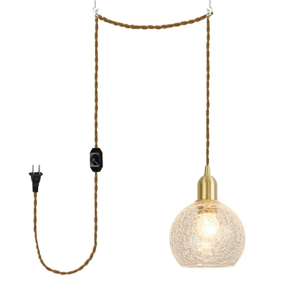 KAYYELAMP Dimmable Pendant Light Plug in Cord 15 Feet E26 Brass Base Crackled Glass Shade Modern Design Hanging Lamp for Kitchen Stairs Farmhouse(No Bulb)
