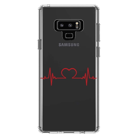 DistinctInk Clear Shockproof Hybrid Case for Samsung Galaxy Note 9 - TPU Bumper Acrylic Back Tempered Glass Screen Protector - Heart Pulse EKG Red Valentine
