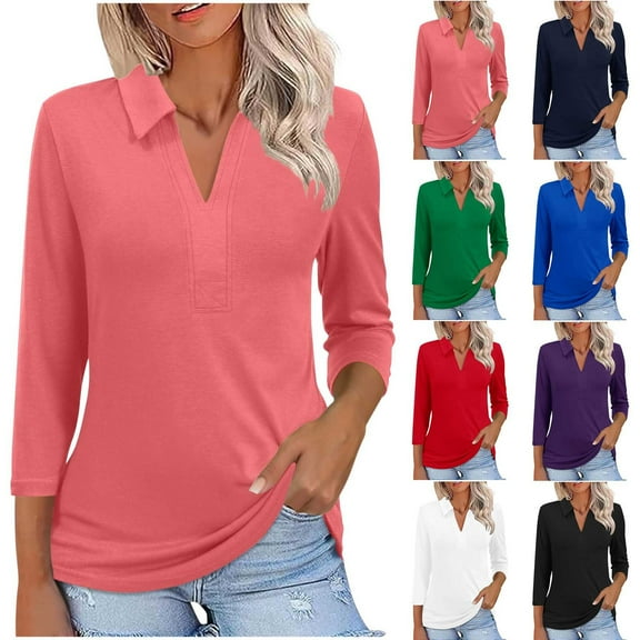 Womens Casual V Neck Sweatshirt 3/4 Sleeve Lightweight Pullover Tops Loose Classic Business Work Henley Blouse