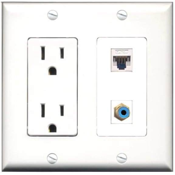 RiteAV - 15 Amp Power Outlet and 1 Port RCA Blue and 1 Port Cat5e Ethernet White Decorative Type Wall Plate White