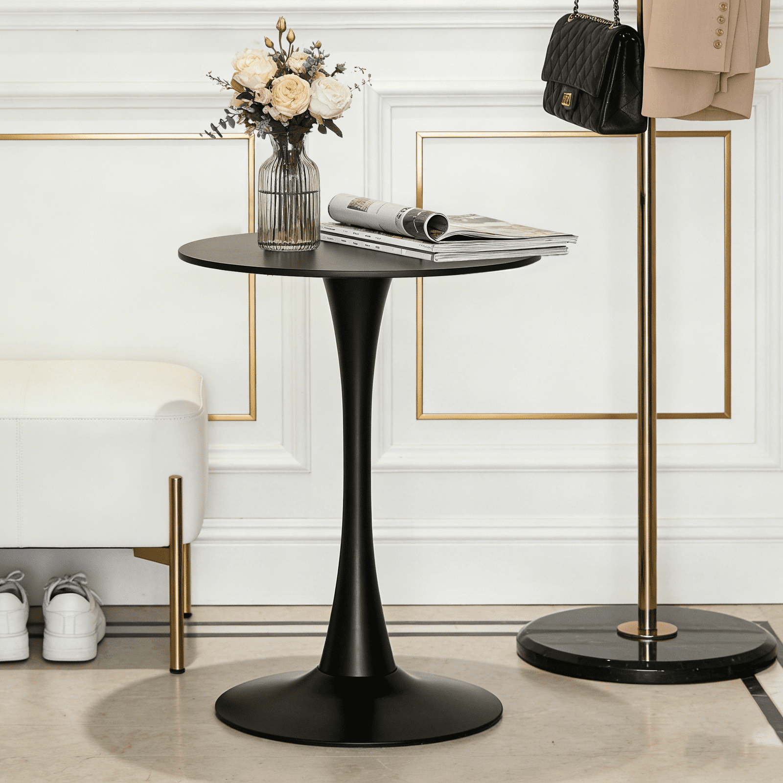 24-Inch Black Round Dining Table with Tulip-Style Single-Column Base, Modern MDF Table for Home Kitchen and Small Spaces, Black