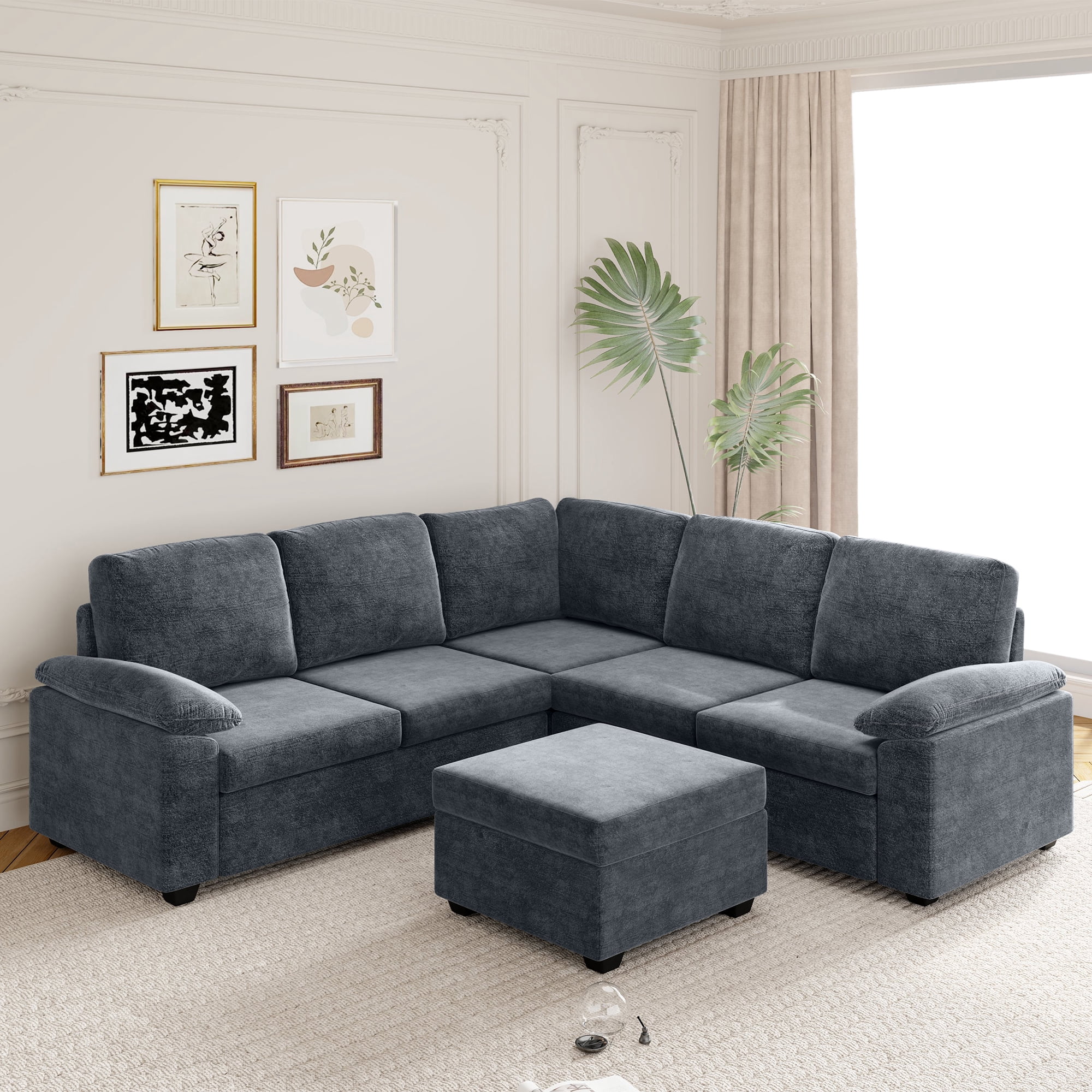 EUROCO 2000LBS 84" Modern U Shaped Sectional Sofa Set, 6 Seat Velvet Upholstered Corner Couch with Ottoman, Armrest Pillow, Indoor Furniture for Living Room, Apartment, Office, Gray