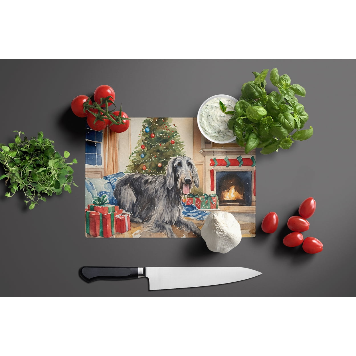 Scottish Deerhound Cozy Christmas Glass Cutting Board Large 12 in x 15 in
