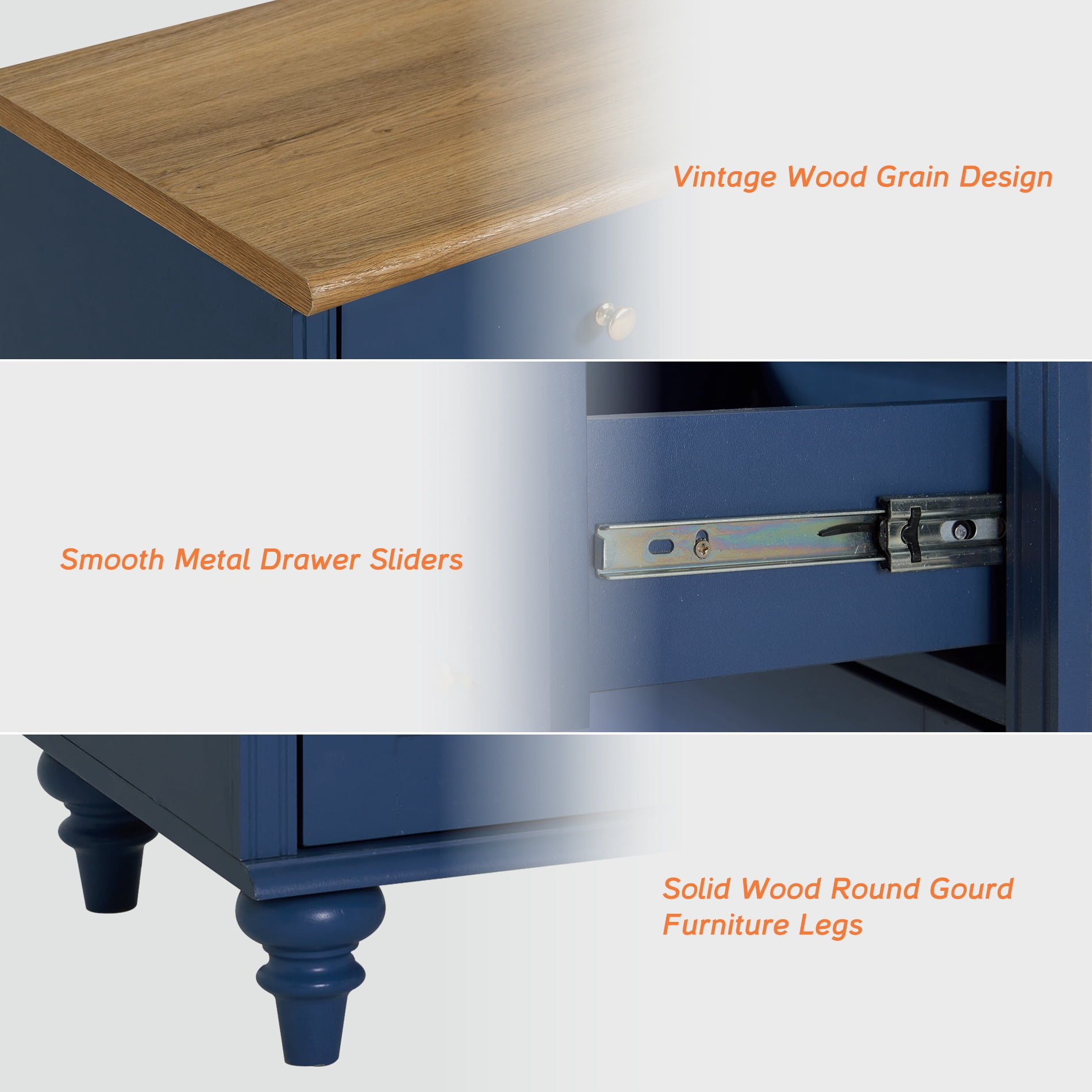 Navy Blue End Table with 3 Drawers, Large Wood Bedside Table Night Stand, Wide Sofa Side Table 3 Drawers for Living Room, Bedroom, 2 PCS