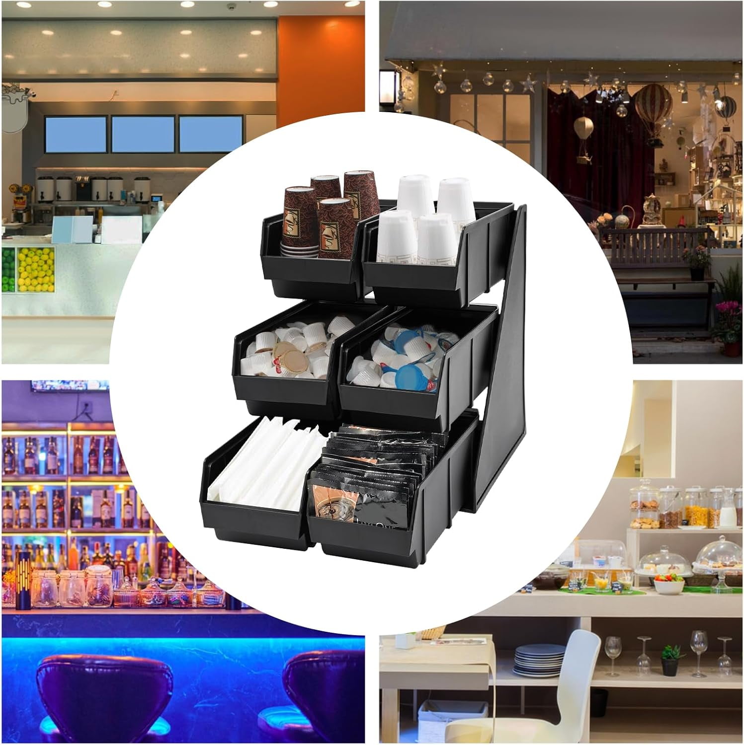 6 Compartment Serve Condiment Bin 20.07 x 11.02 x 13.78in Condiments Holder 3 Tier Self Serve Coffee Bin Stand Countertop Organizer for Paper Cups Drink Lids
