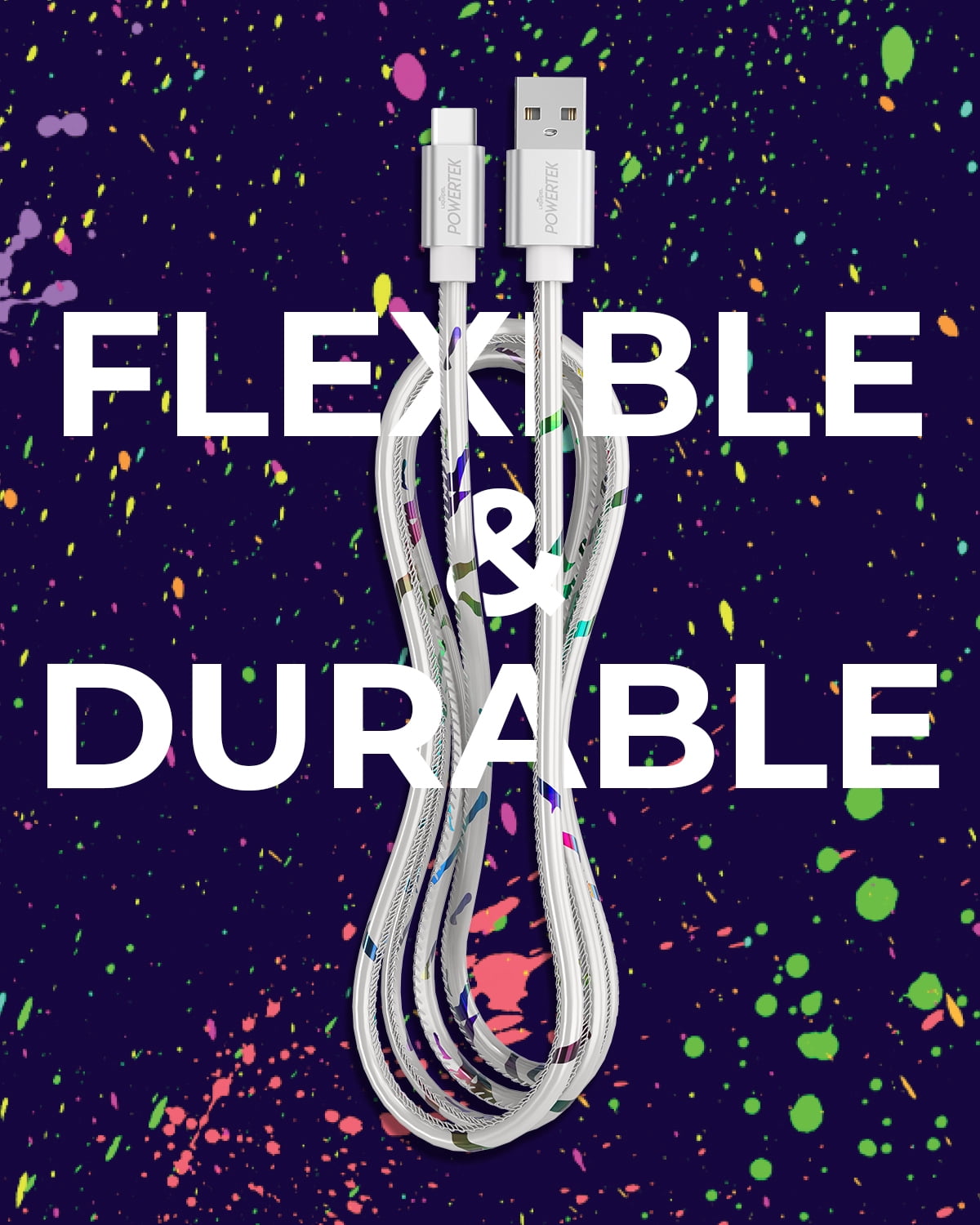 Liquipel Powertek Type-C Fast Charger Cable, 6ft USB-C for Galaxy, Note, Tab, MacBook, Neon Party