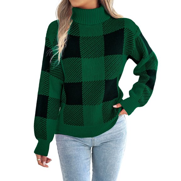 Women's Christmas Casual Color Block Plaid Long-Sleeved Turtleneck Sweater for Holiday Festive Wear and Casual Comfort,Dark Green,L