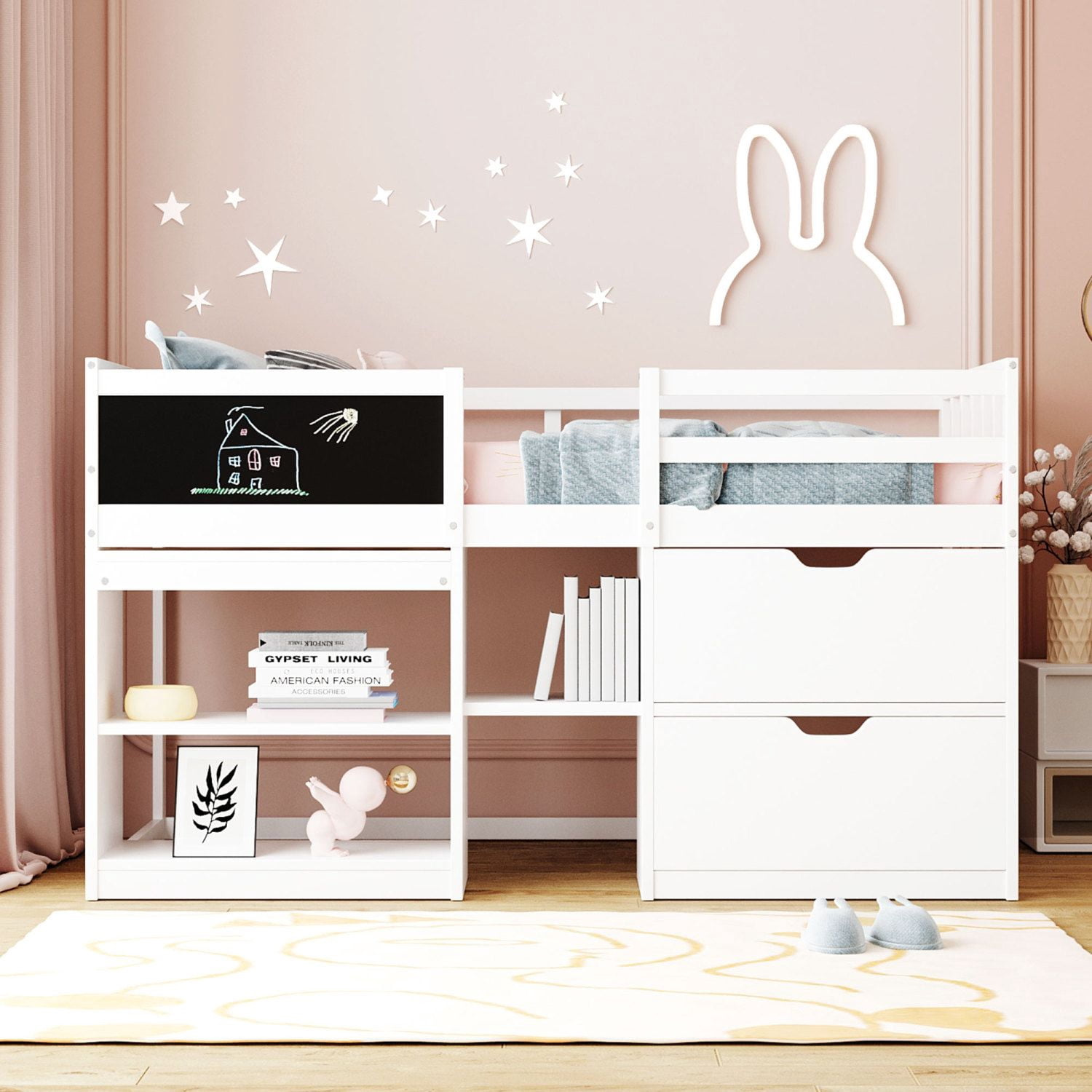 Asteroutdoor Twin Size Low Loft Bed with Rolling Desk, Shelf and Drawers - White