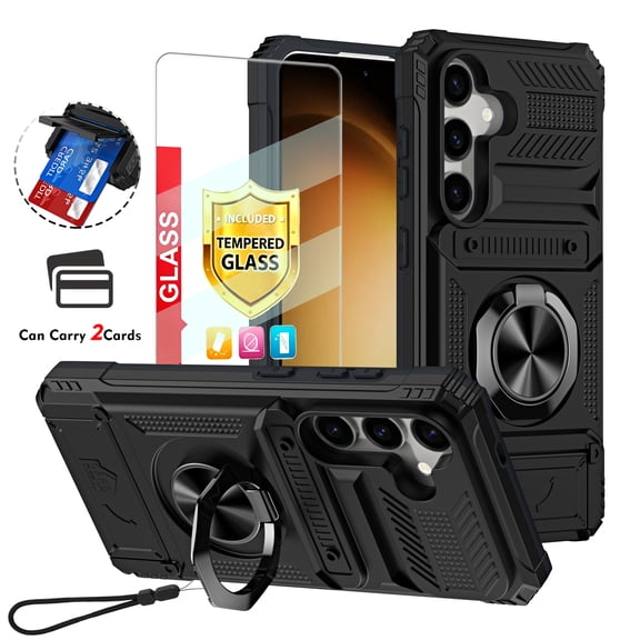 Kryonix for Samsung Galaxy S24 FE 6.7‘’ Case with Screen Protector and Strap,Finger Ring Holder Kickstand,Heavy Duty Shockproof Rugged Protective Case,Working with Magnetic Car Phone Mount,Black