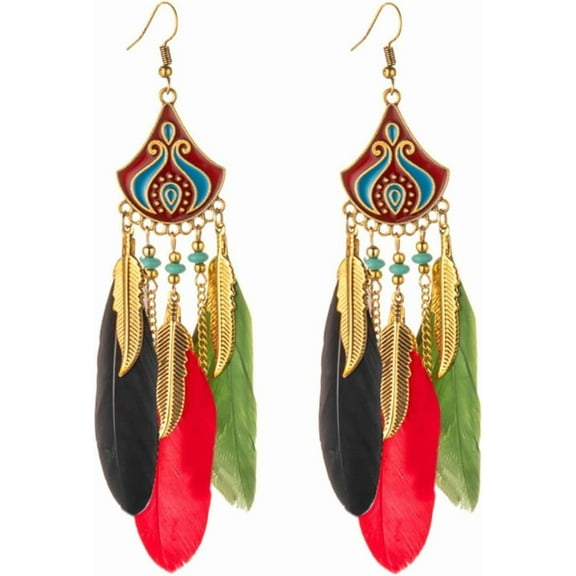 Long Feather Dangle Drop Statement Earrings for Women Gold-Toned Bohemian Enamel Fan Shaped Leaf Turquoise Beads Fringe Tassel Dangling Studs Earring Lightweight Fish Hook Vintage Ethnic Jewelry