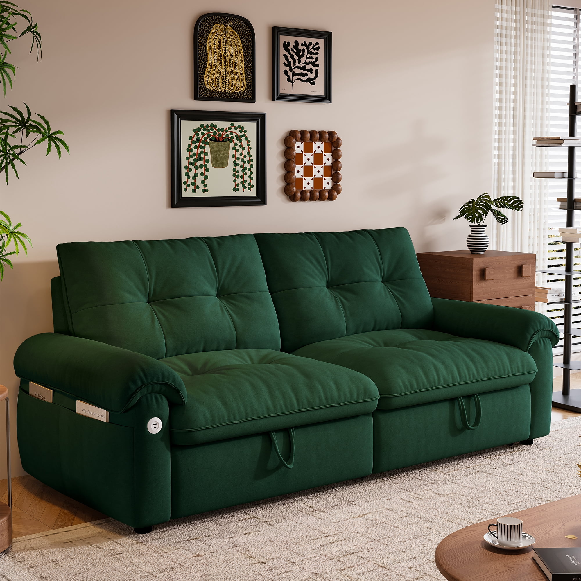 Leumius 77" Convertible Sofa Bed,2-in-1 Cloud Loveseat Sleeper Sofa with Steel Frame & USB, Chenille Pull Out Bed for Living Room/Bedroom/Apartment,Green