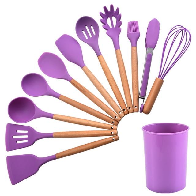 Juego de 12 utensilios de cocina de silicona con mango de madera de colores, morado