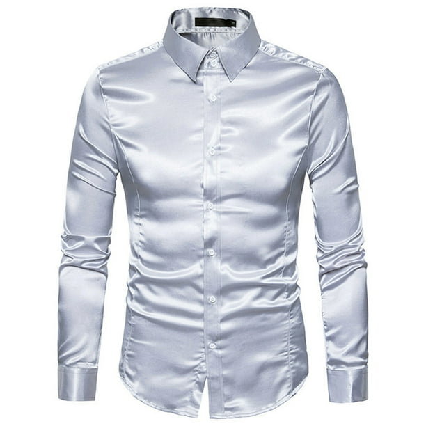 Sonducket Camisa Transpirable Para Hombre Satén Con Mangas Largas - Trabajo Boda O Casa Camisa Para Hombre Formal Manga Larga Grande Camisetas gris claro L