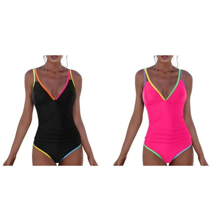 (2-Pack) Rinsvye Women one Shoulder Swimsuit Leopard Bikini Swimsuit Irregular Neon Bikini Solid Color Monokinis Swimsuit