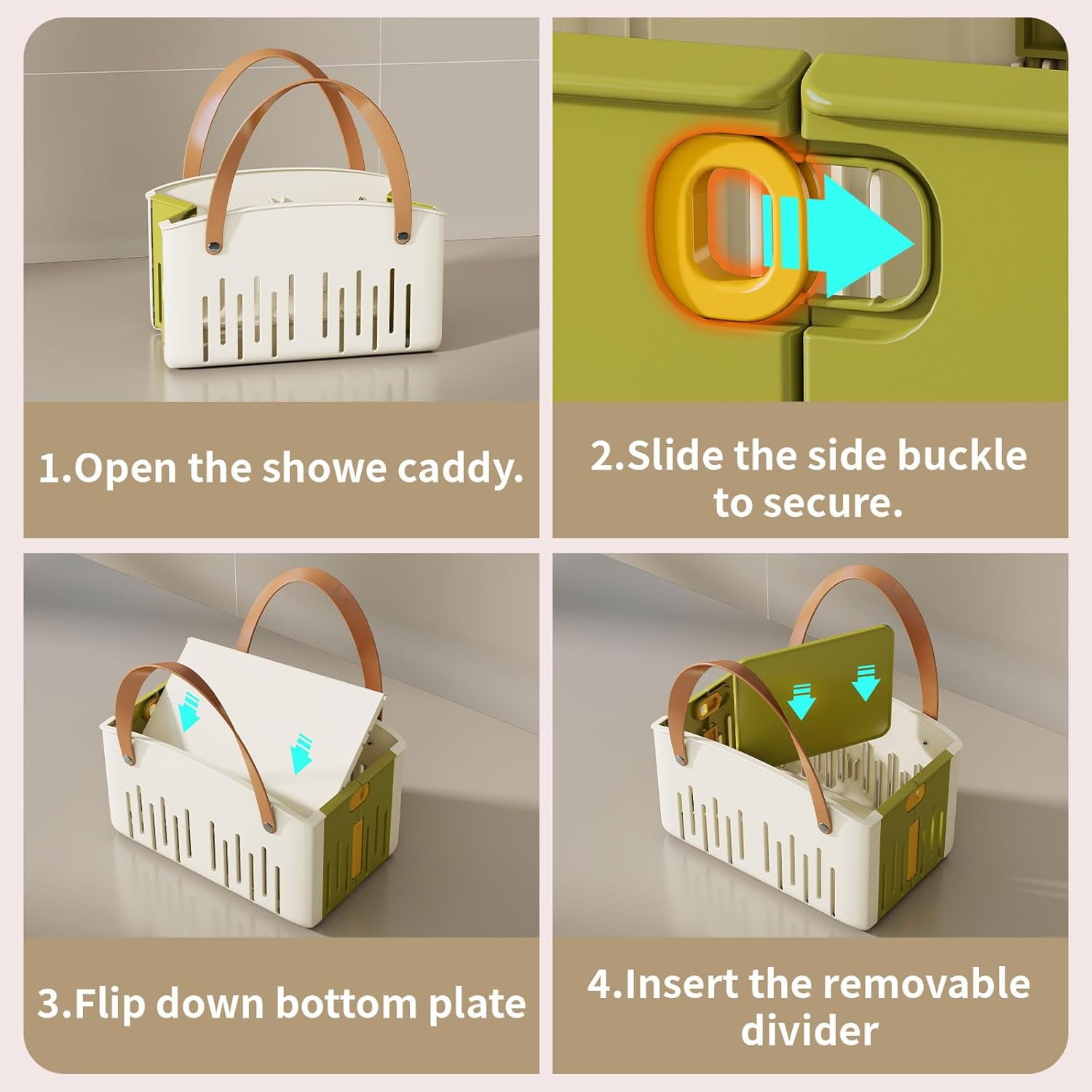 ABPETE Portable Shower Caddy,Foldable Shower Caddy with Handle and Adjustable Divider,Quick Dry Bathroom Shower Organizer Bin for College,Dorm Room,Travel Essentials (Green)