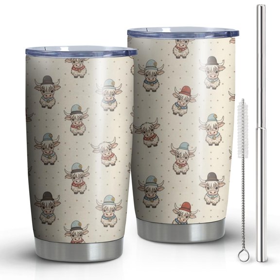 20oz Tumblers Beige Highland Cow Hat Scarf Pattern Stainless Steel Vacuum Insulated Double Wall Travel Tumbler Cups Mug with Lid and Straw,Cleaning Brush for Cold & Hot Drinks